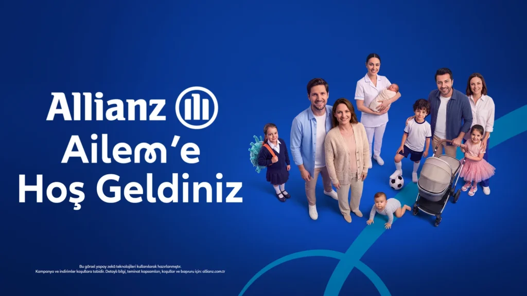 Allianz Türkiye’nin Allianz Ailem reklam kampanyasını temsil eden çocuklu bir aile görseli.