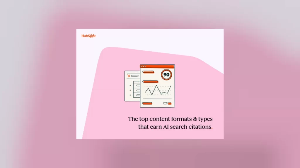 HubSpot illüstrasyonu: 90 puanlı içerik skor kartı ve yapay zeka aramalarında atıf kazanan içerik formatları başlığı