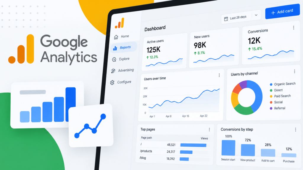 Google Analytics logosu ve aktif kullanıcı, dönüşüm, kanal dağılımı kartlarıyla özelleştirilebilir dashboard ekranı
