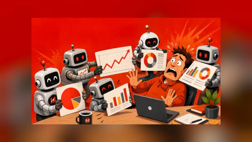 Grafik ve pasta tablolar uzatan robotlar karşısında dizüstü bilgisayar başında panikleyen pazarlamacı çizimi