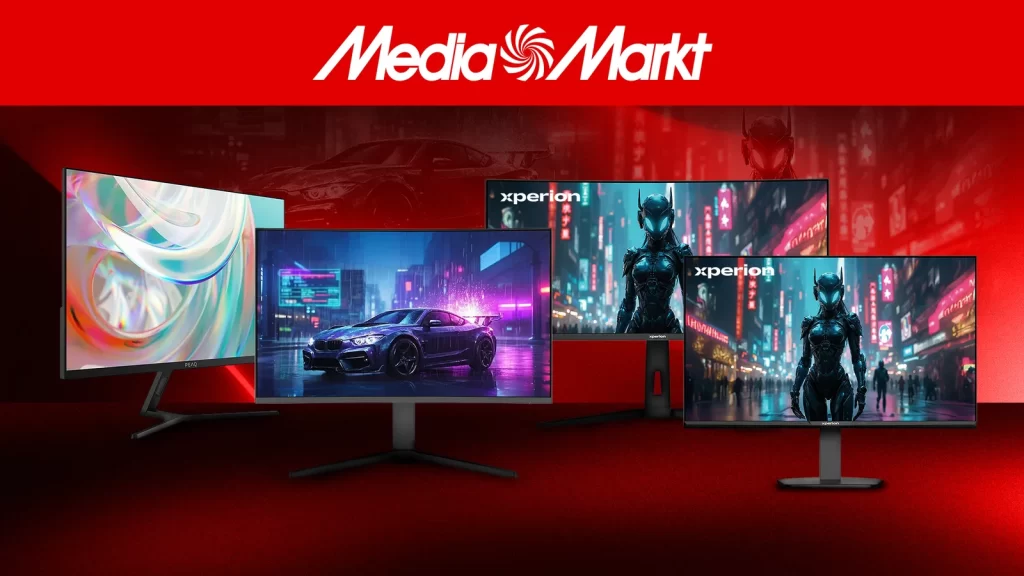 MediaMarkt markaları PEAQ ve XPERION markalı yeni monitör modelleri yan yana sergileniyor.