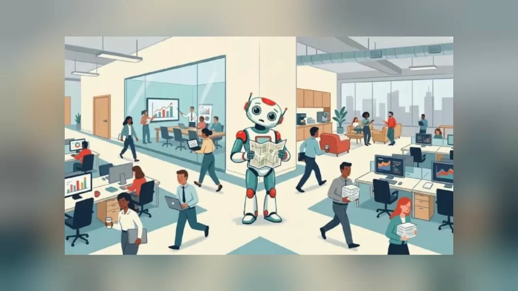 Hareketli bir ofiste elinde haritayla yolunu kaybetmiş gibi duran robot ve çevresinde çalışan insanlar illüstrasyonu