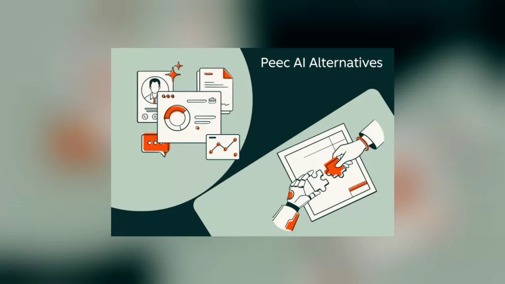 Peec AI Alternatives başlıklı illüstrasyon: veri panoları, grafikler ve yapboz parçasını yerleştiren insan ile robot eli