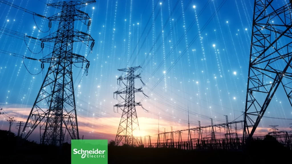 Elektrik iletim hatları ve Schneider Electric logosu
