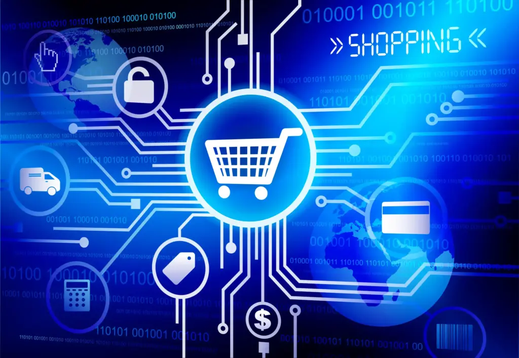 Mavi dijital devre ağının merkezinde alışveriş sepeti; kredi kartı, teslimat aracı, fiyat etiketi ikonları ve Shopping yazısı