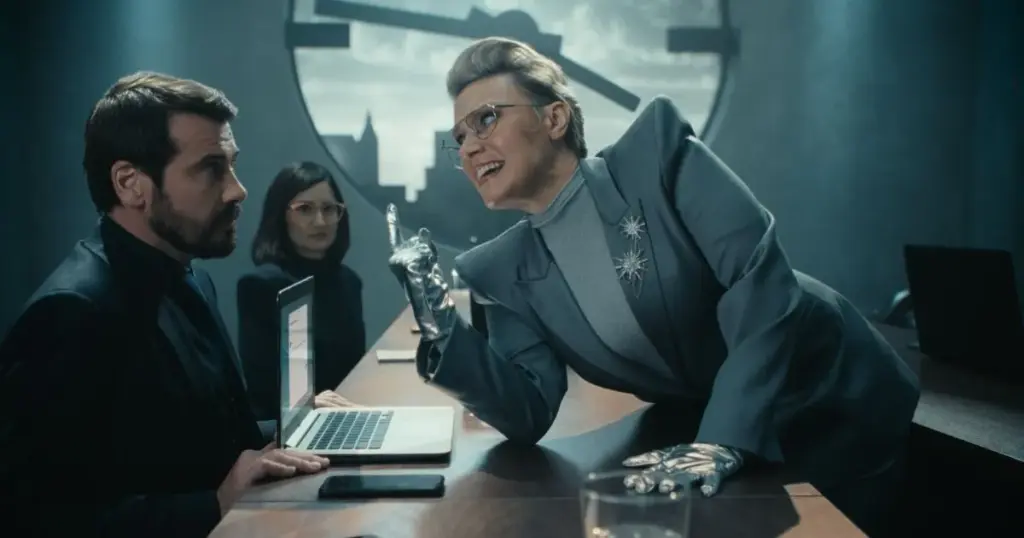 Zoom reklamında Kate McKinnon, gümüş eldivenleriyle toplantı masasına eğilip dizüstü bilgisayarlı bir adamla konuşuyor