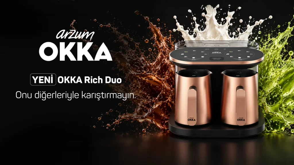 Arzum OKKA Rich Duo akıllı içecek hazırlama makinesi ve TFT ekranlı kontrol paneli