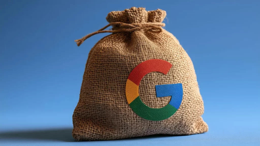 Mavi zemin önünde, üzerinde renkli Google 'G' logosu bulunan çuval para kesesi; yayıncılara ödeme pilotunu simgeliyor